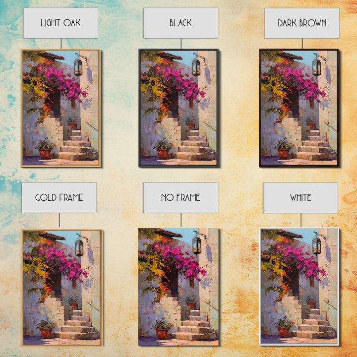 Bougainvillea Cascading over Stone Wall Framed Canvas Print, Mediterranean Art, Room Decor, Living Room Decor, Fine Art, Azure, MAR-2x3-37