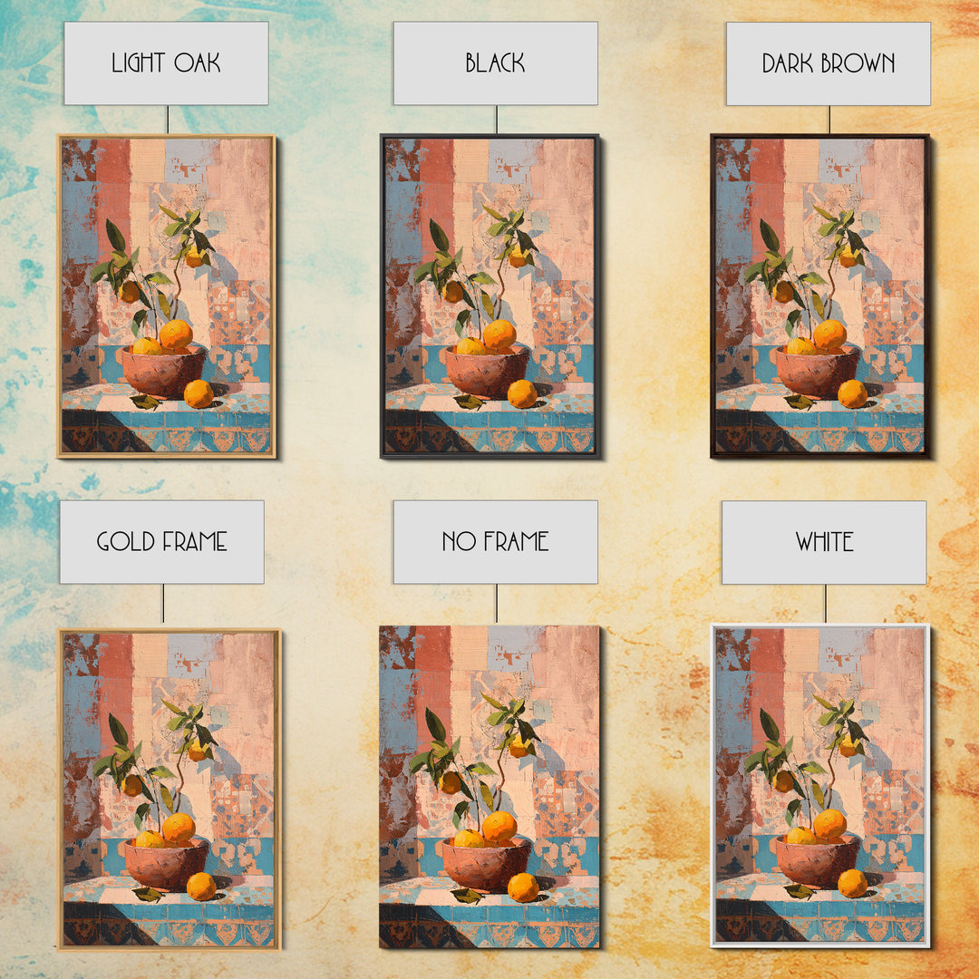 Ceramic Bowl of Oranges and Leaves Framed Canvas Print, Mediterranean Art, Living Room Decor, Oil Painting, Azure, MAR-2x3-53