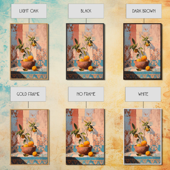 Ceramic Bowl of Oranges and Leaves Framed Canvas Print, Mediterranean Art, Living Room Decor, Oil Painting, Azure, MAR-2x3-53
