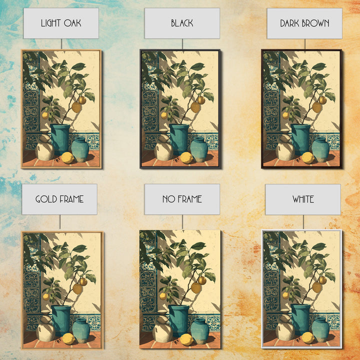 Olive Branch and Lemons on Terracotta Ground Canvas Print, Mediterranean Art, Contemporary Art, Living Room Decor, Azure, MAR-2x3-58
