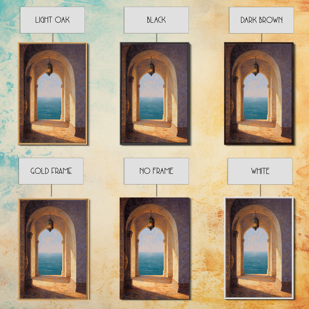 Mediterranean Arch Framing Ocean Horizon Framed Canvas Print, Mediterranean Art, Boho Decor, Living Room Decor, Fine Art, Azure, MAR-2x3-59