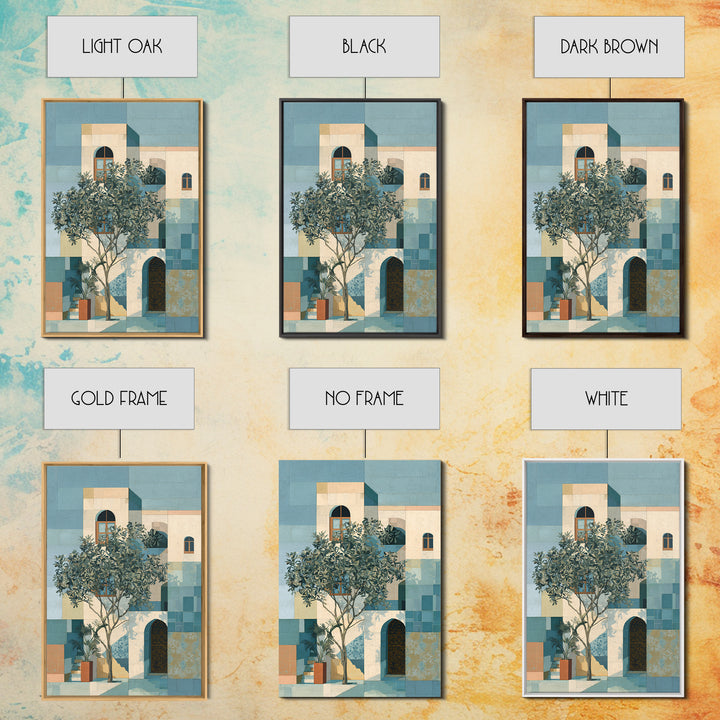 Olive Grove under Pale Morning Light Framed Canvas Print, Mediterranean Art, Digital Wall Art, Living Room Decor, Azure, MAR-2x3-73