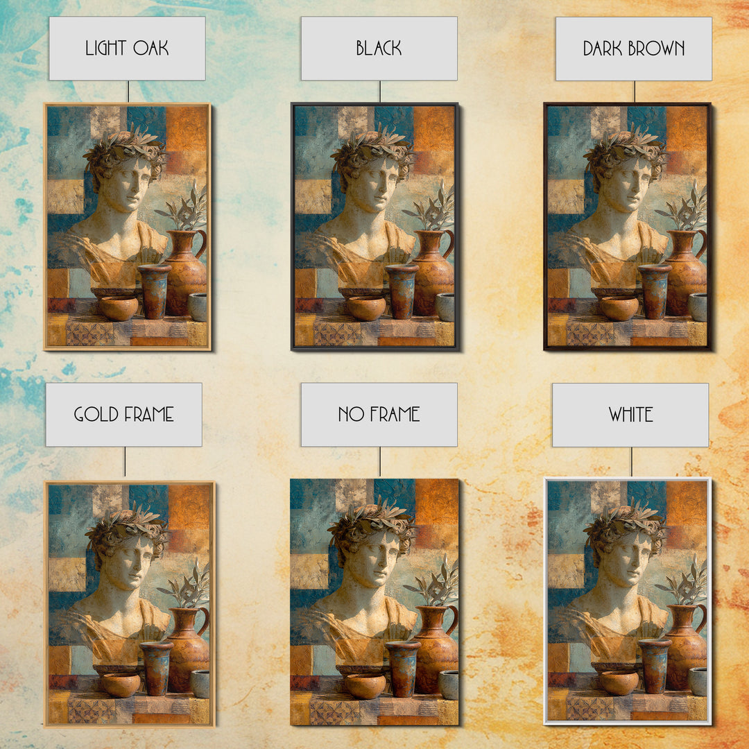 Roman Statue Bust Framed Canvas Print, Mediterranean Art, Minimalist Decor, Living Room Decor, Azure, Horizontal Wall Art, MAR-2x3-78