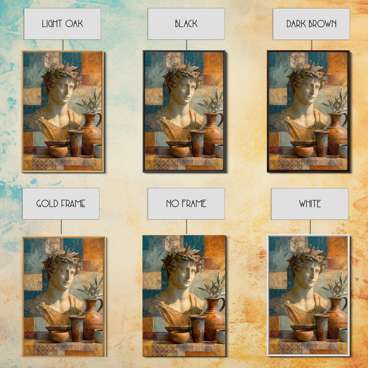 Roman Statue Bust Framed Canvas Print, Mediterranean Art, Minimalist Decor, Living Room Decor, Azure, Horizontal Wall Art, MAR-2x3-78