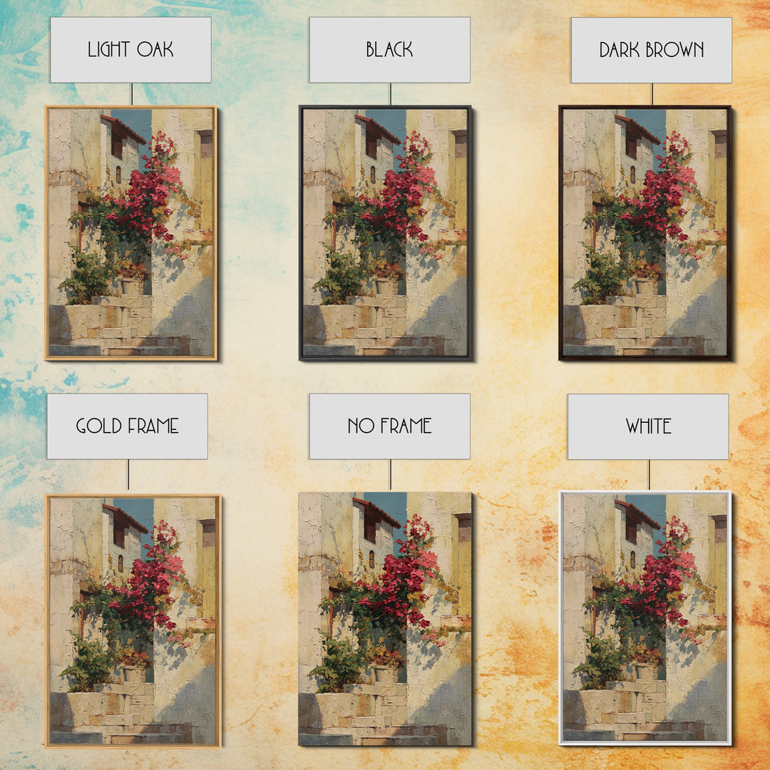 Bougainvillea Cascading over Stone Wall Framed Canvas Print, Mediterranean Art, Digital Print, Living Room Decor, Azure, MAR-2x3-85