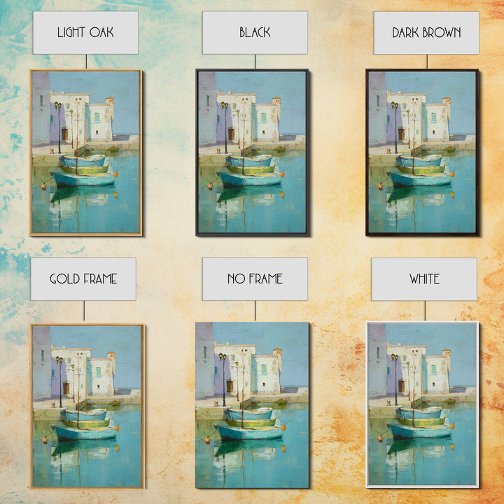 Coastal Fishing Boats Framed Canvas Print, Mediterranean Art, Digital Wall Art, Living Room Decor, Azure, Coastal Wall Art, MAR-2x3-87