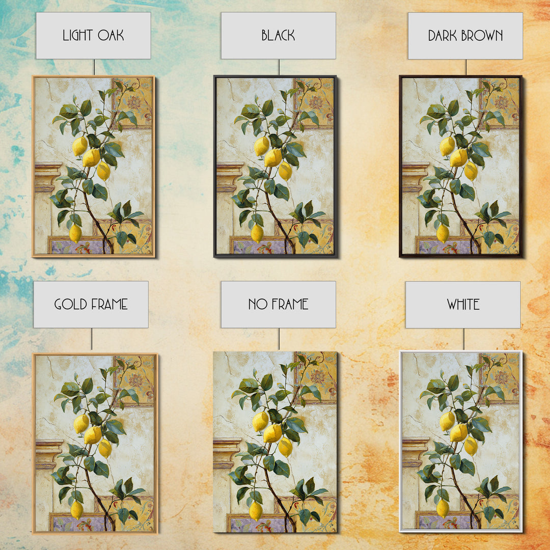 Sicilian Lemon Branch on Ivory Background Framed Canvas Print, Mediterranean Art, Oil Painting, Living Room Decor, MAR-2x3-93