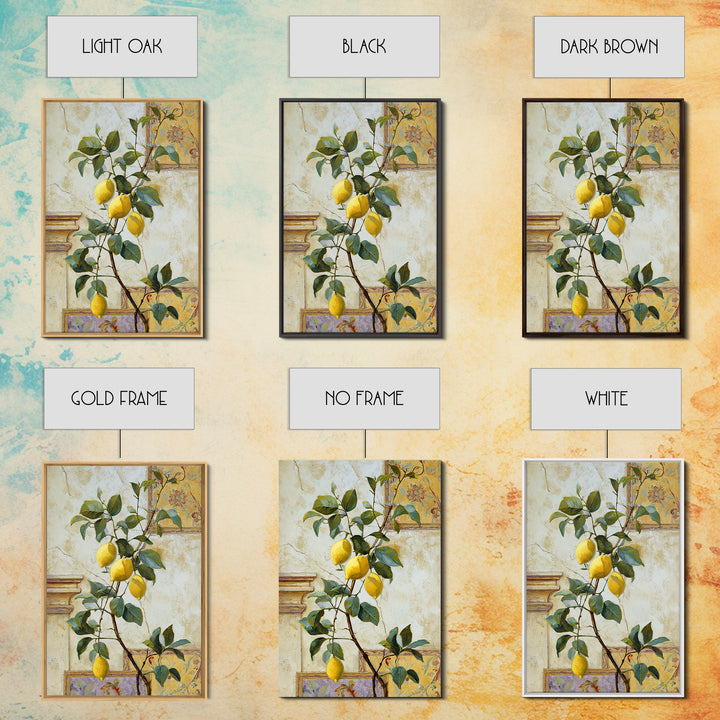Sicilian Lemon Branch on Ivory Background Framed Canvas Print, Mediterranean Art, Oil Painting, Living Room Decor, MAR-2x3-93