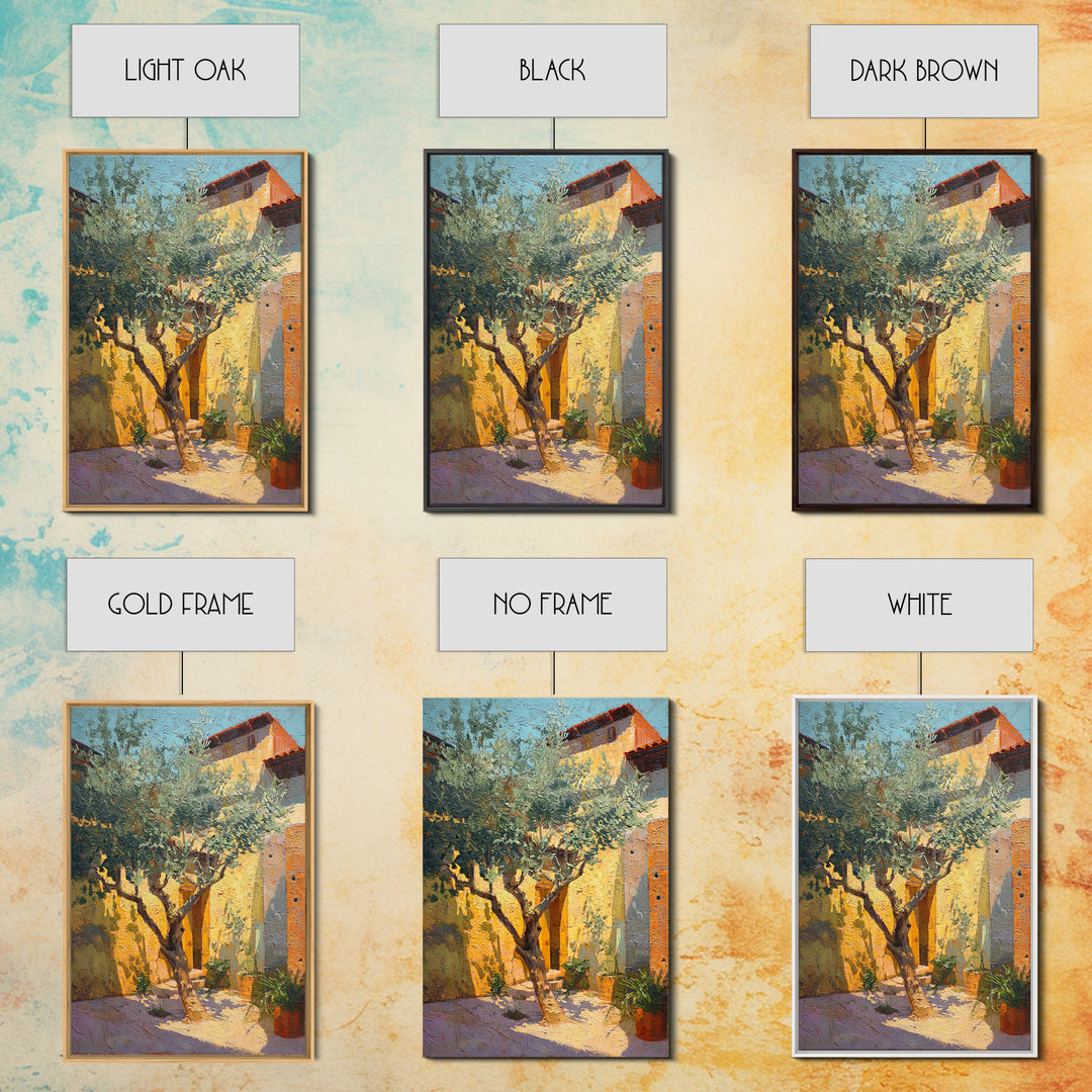 Olive Grove under Pale Morning Light Framed Canvas Print, Mediterranean Art, Digital Wall Art, Living Room Decor, Azure, MAR-2x3-97