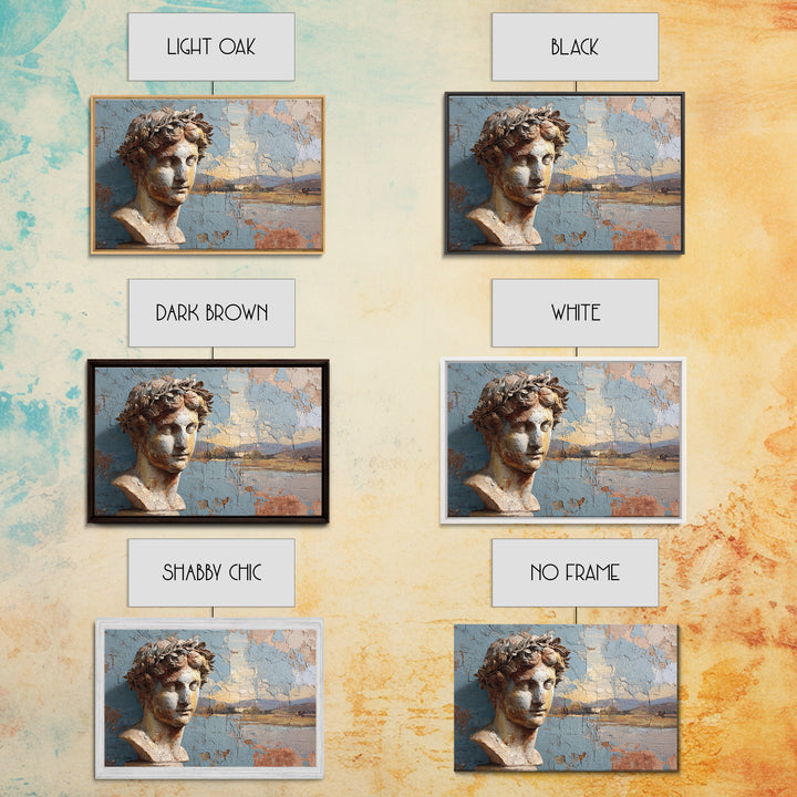 Roman Statue Bust Framed Canvas Print, Mediterranean Art, Farmhouse Decor, Living Room Decor, Oil Painting, Azure, MAR-3x2-50