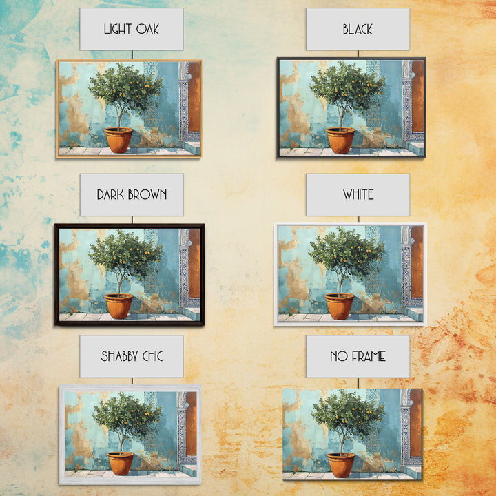 Citrus Tree in Clay Pot Framed Canvas Print, Mediterranean Art, Watercolor Painting, Living Room Decor, Fine Art, Azure, MAR-3x2-86