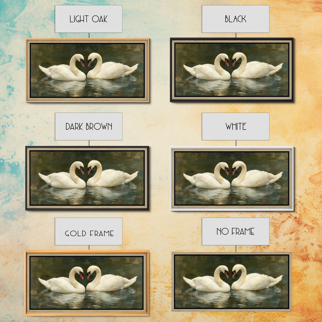 Romantic Swan Pair on Dark Water Framed Canvas Print, Master Bedroom, Wall Art, Bedroom Decor, Oil Painting, Sanctuary, MAS-2x1-35