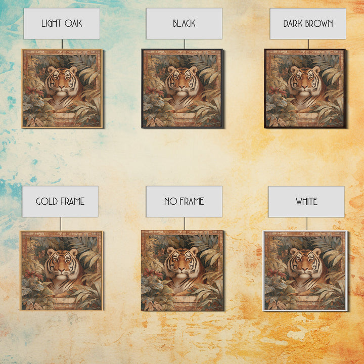 Bold Patterned Tiger Surrounded by Tropical Leaves Canvas Print, Maximalist Art, Moody Wall Art, Living Room Decor, Maximal, MAX-1x1-26