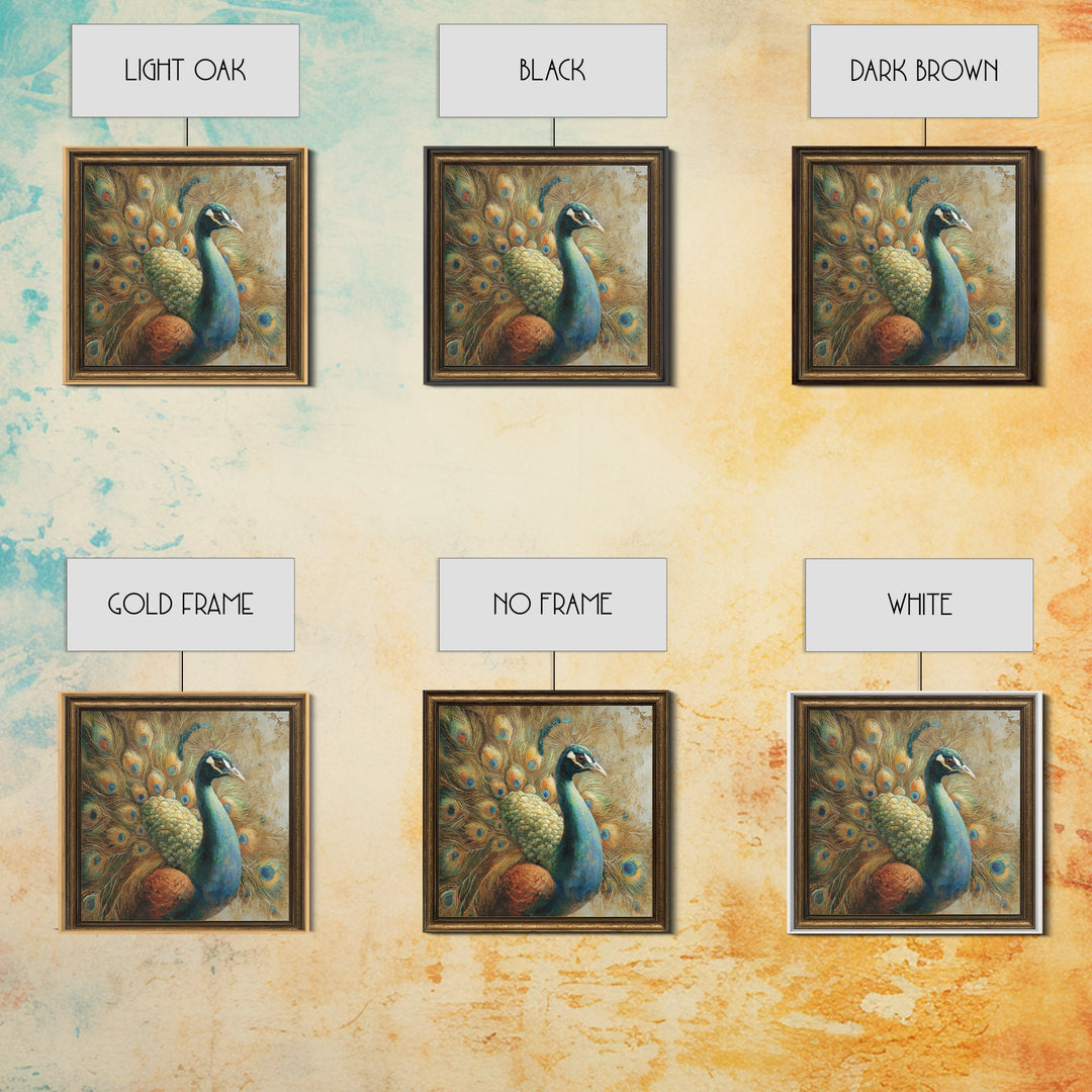 Dramatic Peacock with Oversized Feather Pattern Framed Canvas Print, Maximalist Art, Gallery Decor, Living Room Decor, Maximal, MAX-1x1-32