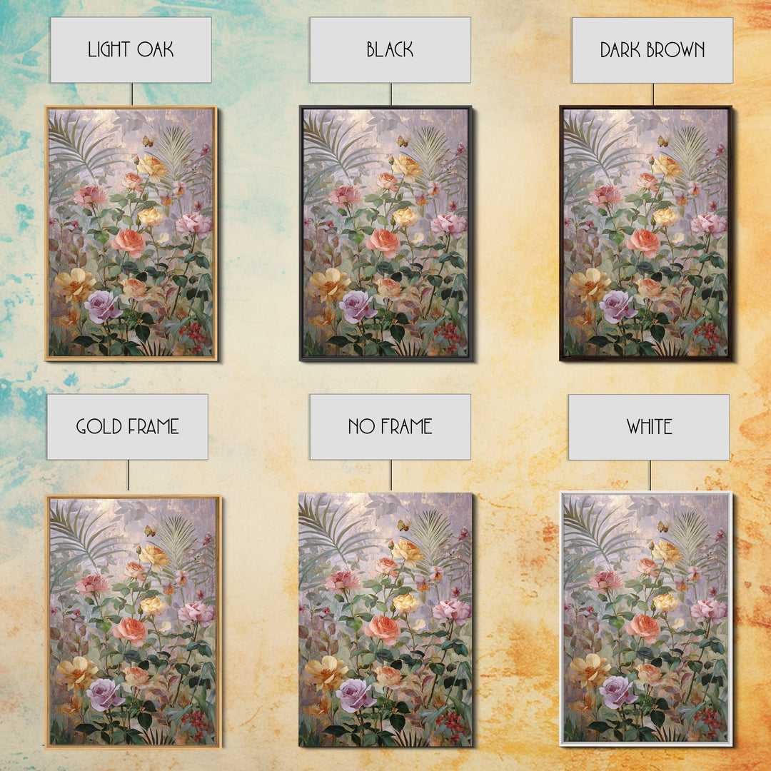 Lush Garden Wall of Roses Palms and Framed Canvas Print, Maximalist Art, Wall Decor, Living Room Decor, Fine Art, Maximal, MAX-2x3-46
