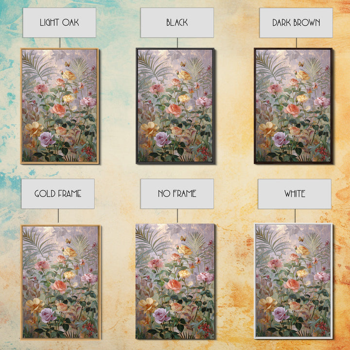 Lush Garden Wall of Roses Palms and Framed Canvas Print, Maximalist Art, Wall Decor, Living Room Decor, Fine Art, Maximal, MAX-2x3-46
