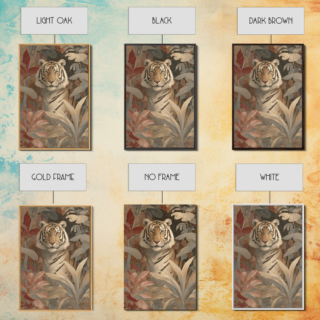 Bold Patterned Tiger Surrounded by Tropical Leaves Canvas Print, Maximalist Art, Art Nouveau, Living Room Decor, Maximal, MAX-2x3-58