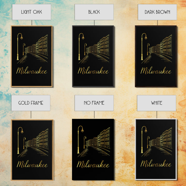 Milwaukee Travel Poster, Framed Canvas Print, Gold Outline Poster Art, Milwaukee Wall Art, Travel Poster Set, Eclectic Wall Decor