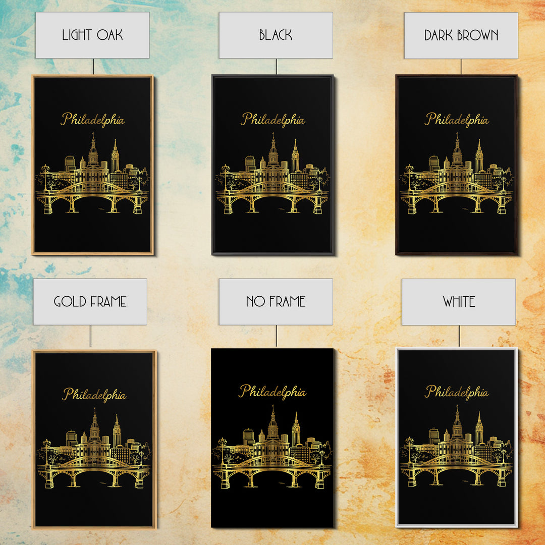 Philadelphia Pennsylvania Travel Poster, Canvas Print, Gold Outline Poster Art, Philadelphia Wall Art, Watercolor Skyline, City Illustration