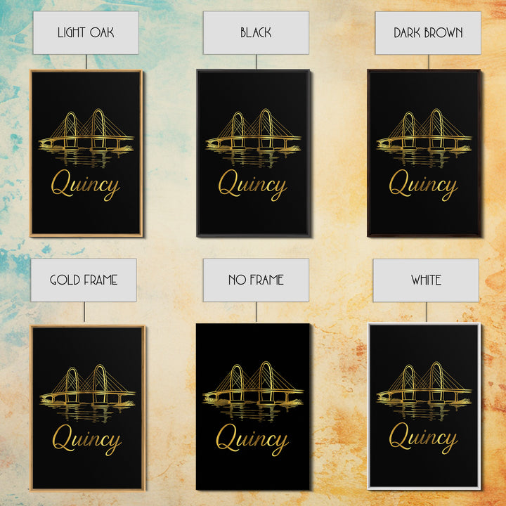 Quincy Massachusetts Travel Poster, Canvas Print, Gold Outline Poster Art, Quincy Wall Art, Wall Decor, Travel Poster Art, Home Decor