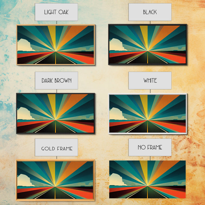 Retro Desert Highway Sunburst Wall Art, Teal Orange Perspective Landscape, Midcentury Modern Decor, Modern Art Print, MCM Wall Decor
