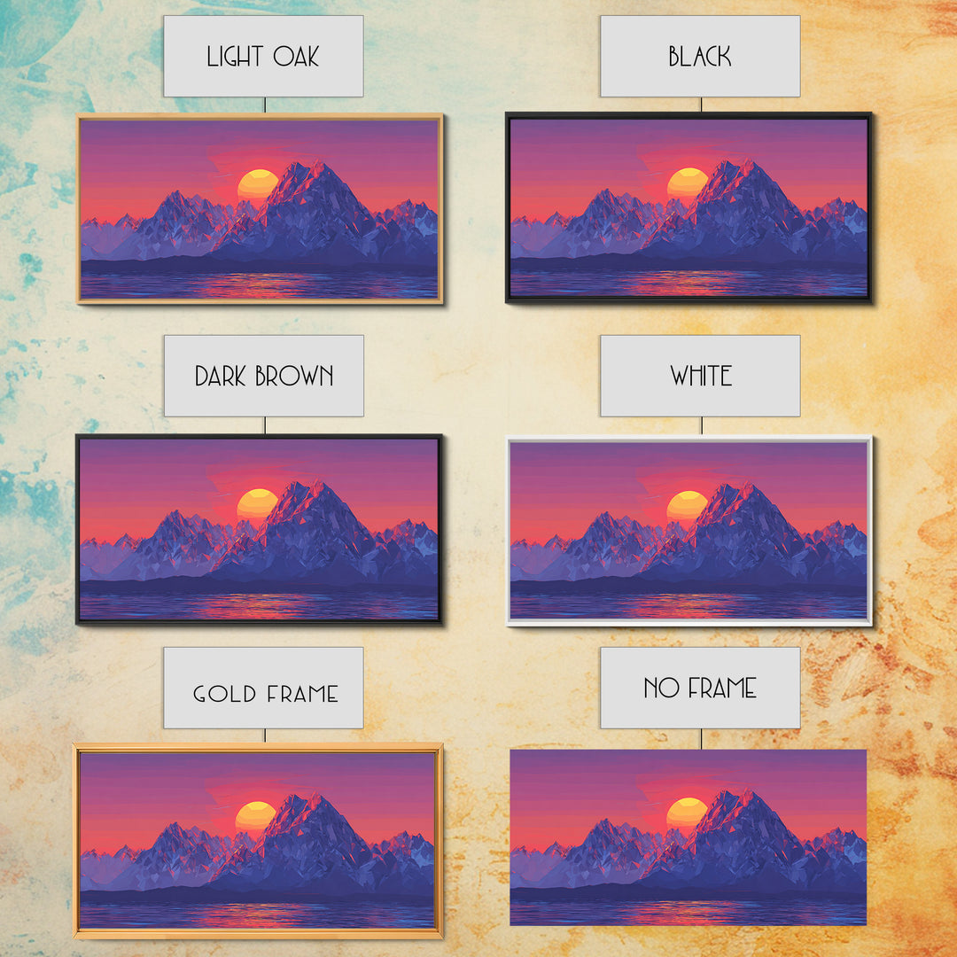 Alpine Mountain Lake Sunset Canvas Print, Blue Purple Landscape Wall Art, Modern Retro Poster, Bedroom Home Office Decor