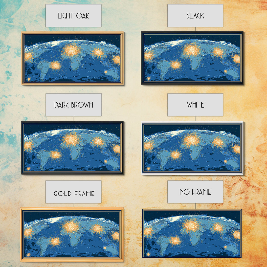 Blue World Map With Orange Network Bursts Wall Art, Modern Global Travel Print, Large Home Office Decor, Framed Canvas Print