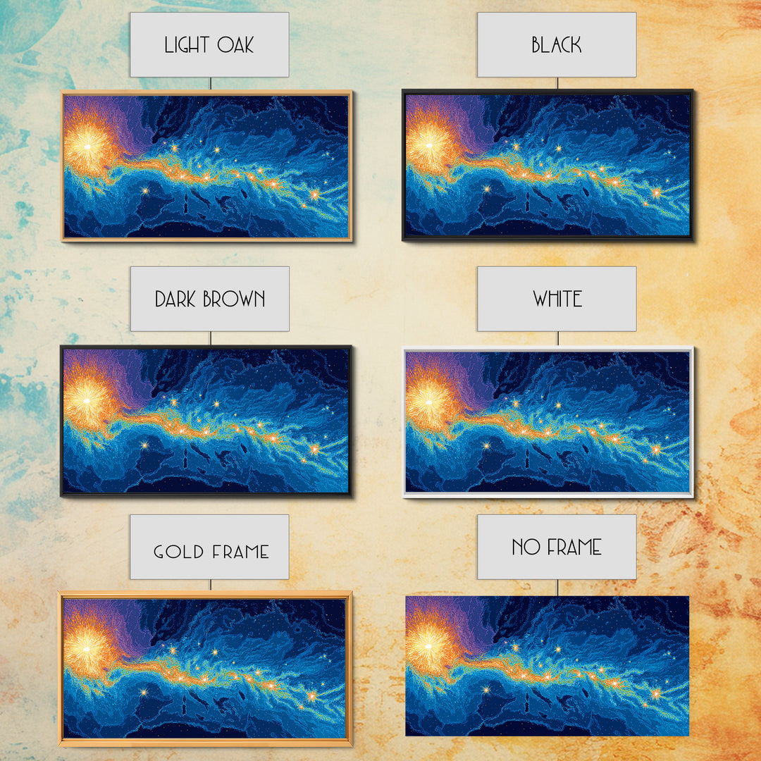 Cosmic Energy Map Wall Art, Blue Orange Abstract Poster, Modern Digital Art Print, Sci Fi Travel Decor For Bedroom And Office