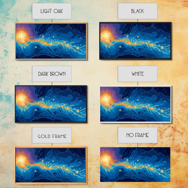 Cosmic Energy Map Wall Art, Blue Orange Abstract Poster, Modern Digital Art Print, Sci Fi Travel Decor For Bedroom And Office