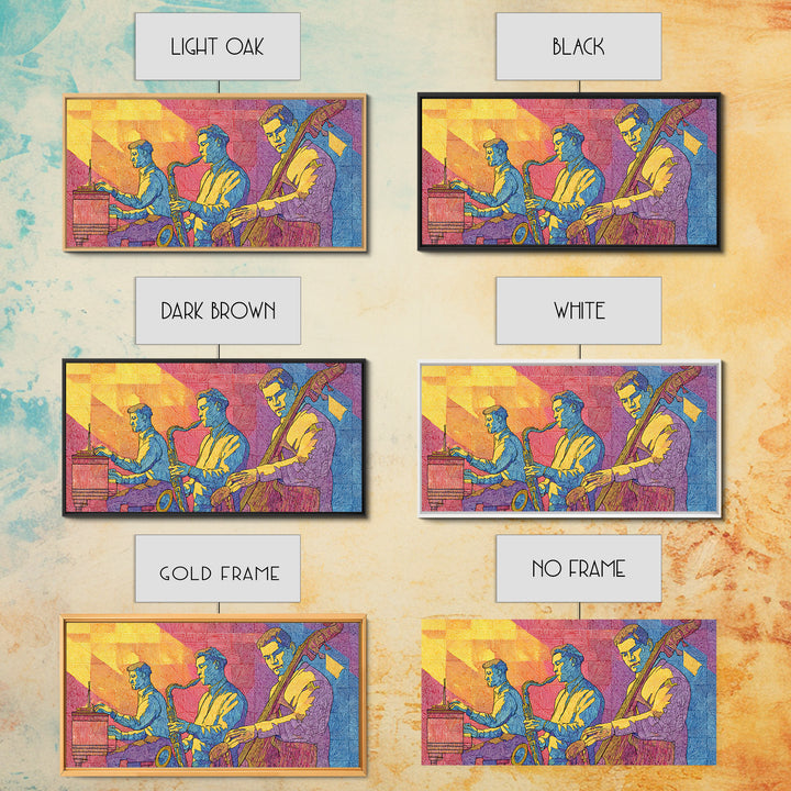 Bright Pop Art Jazz Trio Wall Art, Colorful Midcentury Modern Art Print, Saxophone Piano Bass, Studio Decor Poster Music Gift