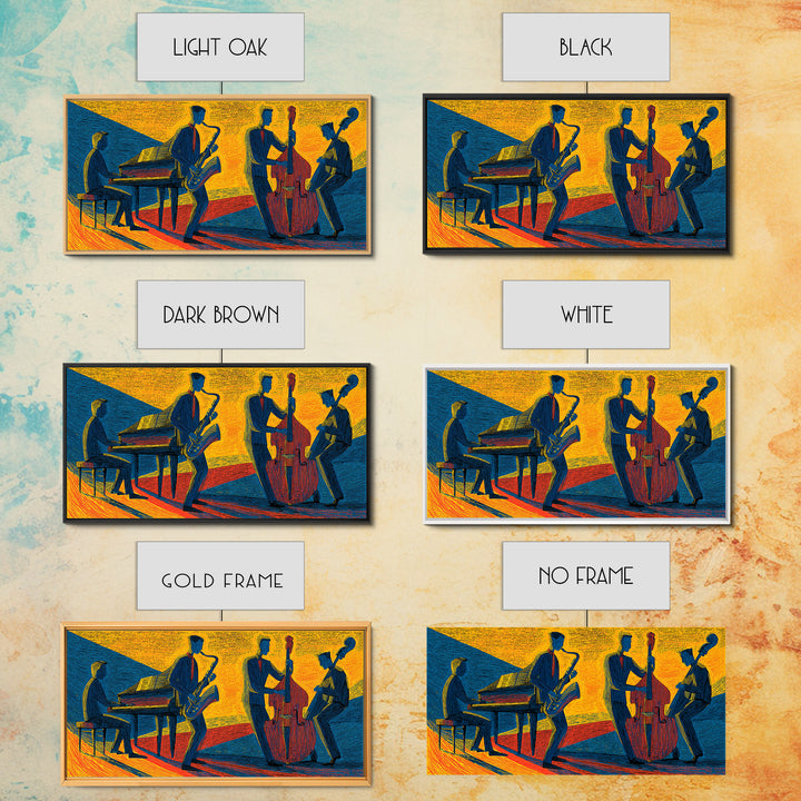 Yellow Blue Jazz Club Quartet Canvas Print, Midcentury Modern Art, Retro Wall Art, Sax Piano Bass Living Room Decor Poster