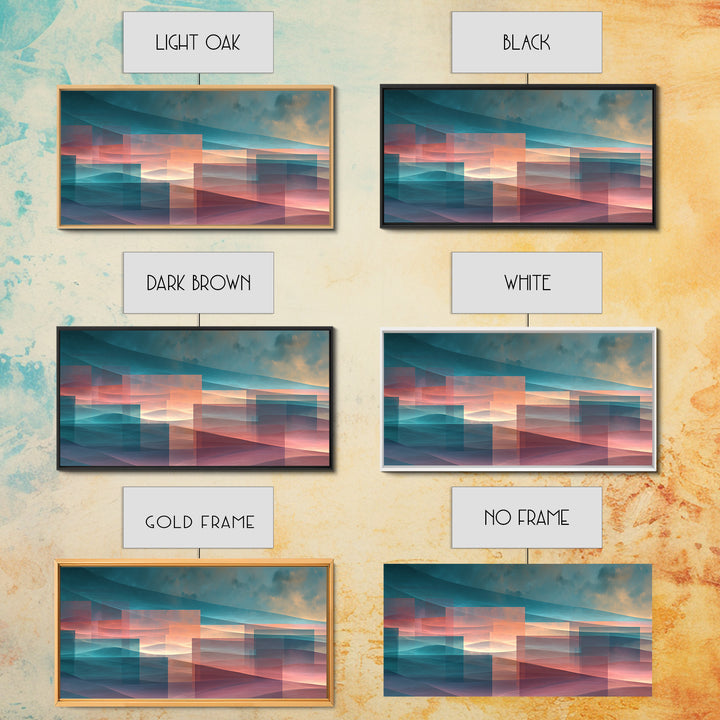 Layered Sunset Mountain Geometry Wall Art, Midcentury Modern Art Print, Teal Pink Landscape Decor, Abstract Home Office Art