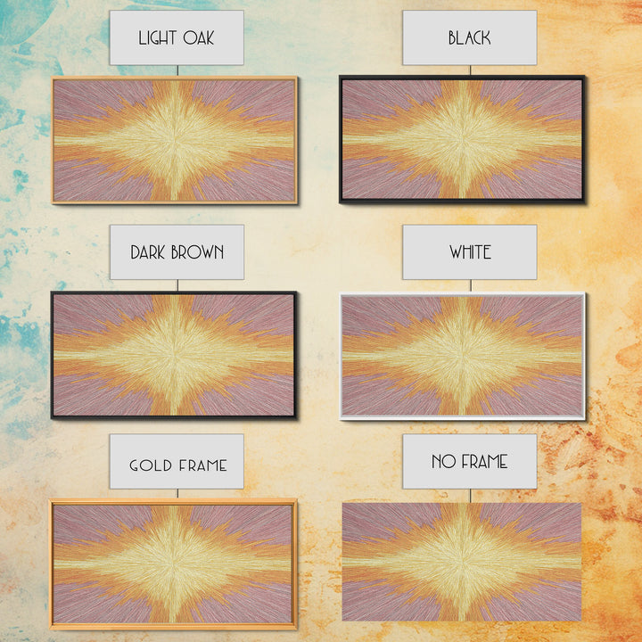 Golden Radiant Cross Starburst Framed Canvas Print, Spiritual Wall Art, Modern Christian Abstract Decor, Purple Yellow Art