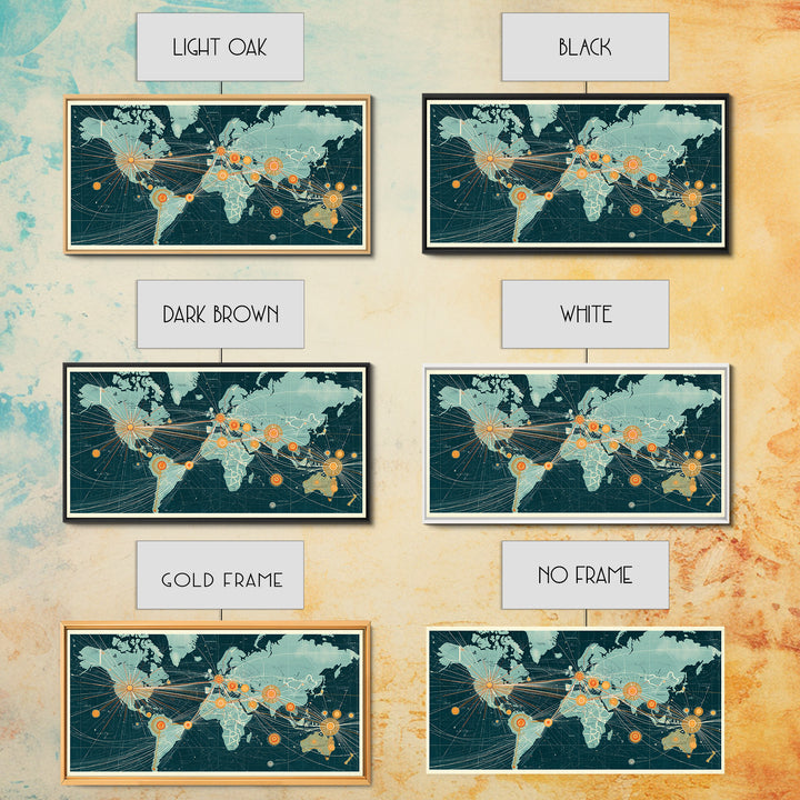 Teal Orange World Map Wall Art, Midcentury Modern Travel Print, Global Network Poster For Office Decor And Living Room Decor
