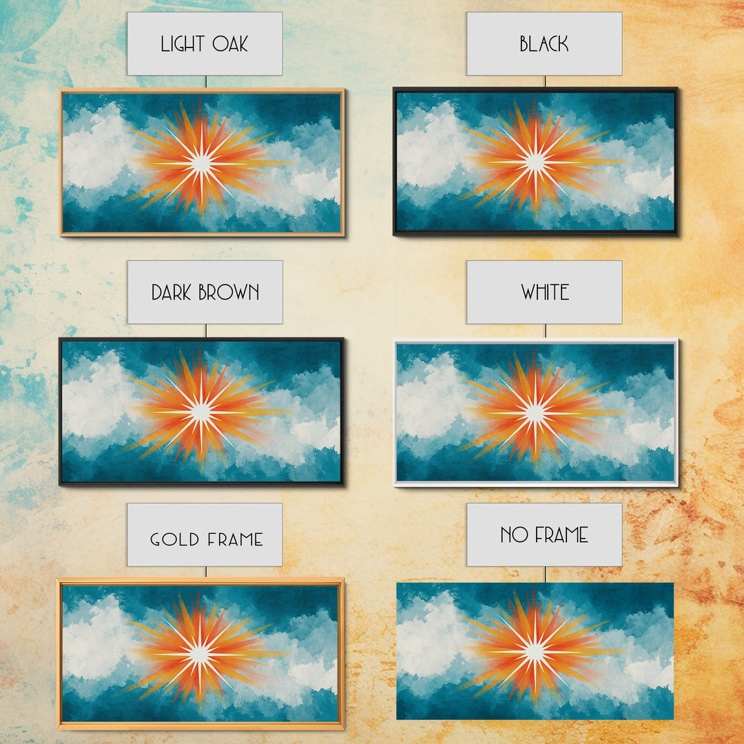 Teal Cloud Sunrise Starburst Canvas Print, Midcentury Modern Nature Wall Art, Retro Sun Poster, Colorful Scenic MCM Decor
