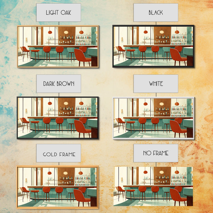 Retro Cocktail Bar With Red Chairs And Teal Cabinets, Mid Century Modern Wall Art, MCM Lounge Decor, Canvas Style Print Gift