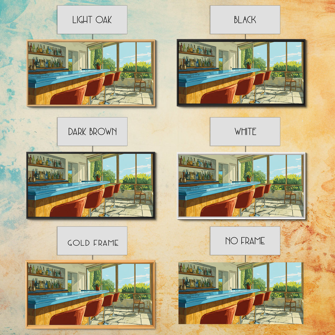 Sunlit Patio Cocktail Bar With Blue Counter And Red Stools, Mid Century Modern Wall Art, Retro Lounge Decor, Scenic Bar Print