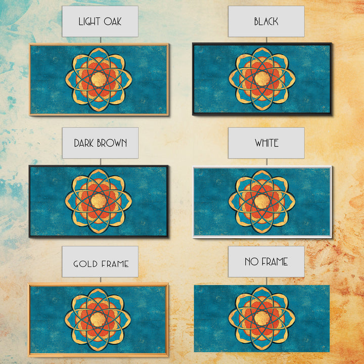 Teal And Orange Atomic Flower Mandala, Mid Century Modern Wall Art, Geometric Abstract Decor, Retro MCM Canvas Print Poster