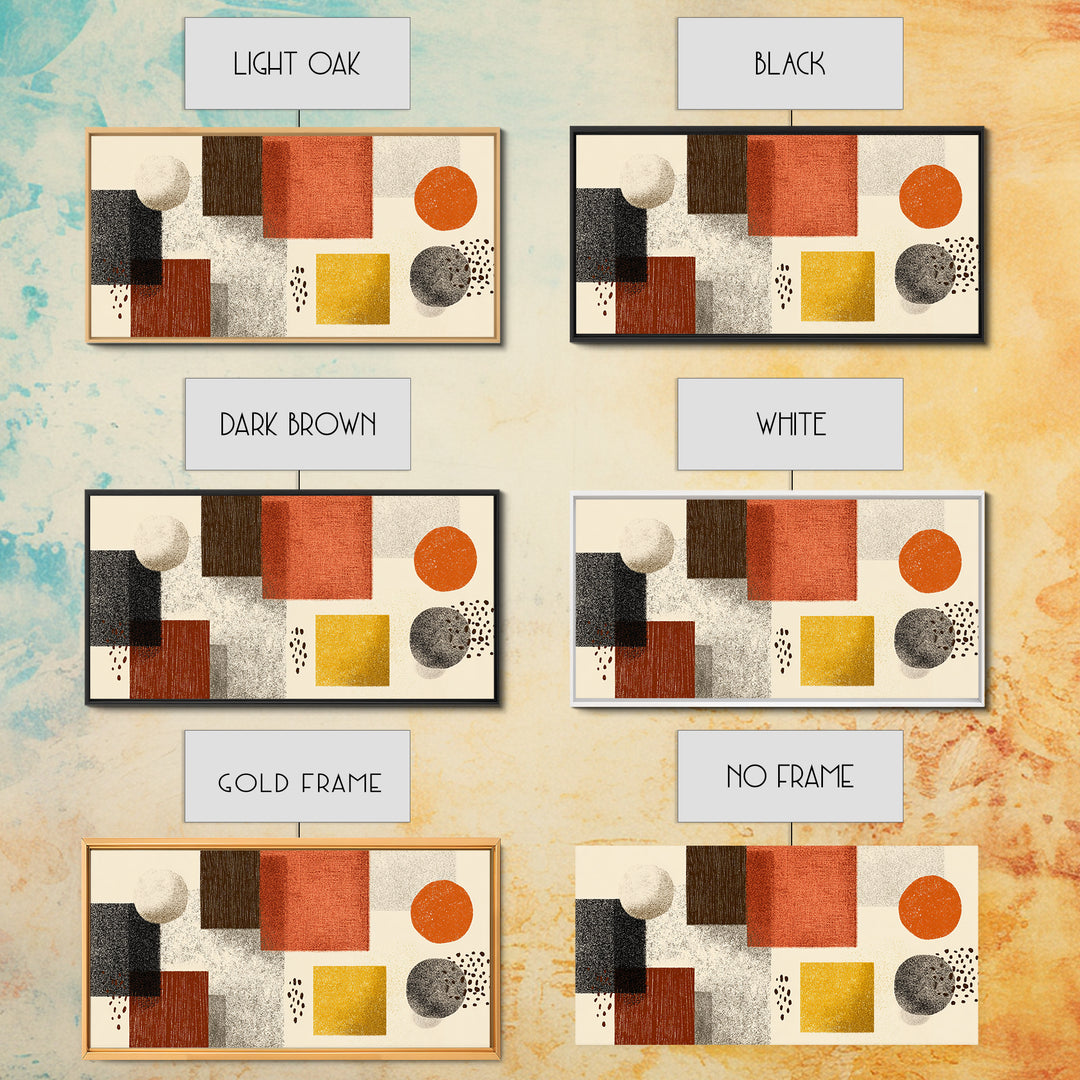 Earth Tone Geometric Shapes Framed Canvas Print, Mid Century Modern Wall Art, Orange Yellow Abstract Decor For Home Office