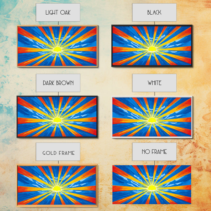 Radiant Sunburst Canvas Print, Blue Orange Yellow Rays Poster, Midcentury Modern Art, Retro Wall Decor, Geometric MCM Print