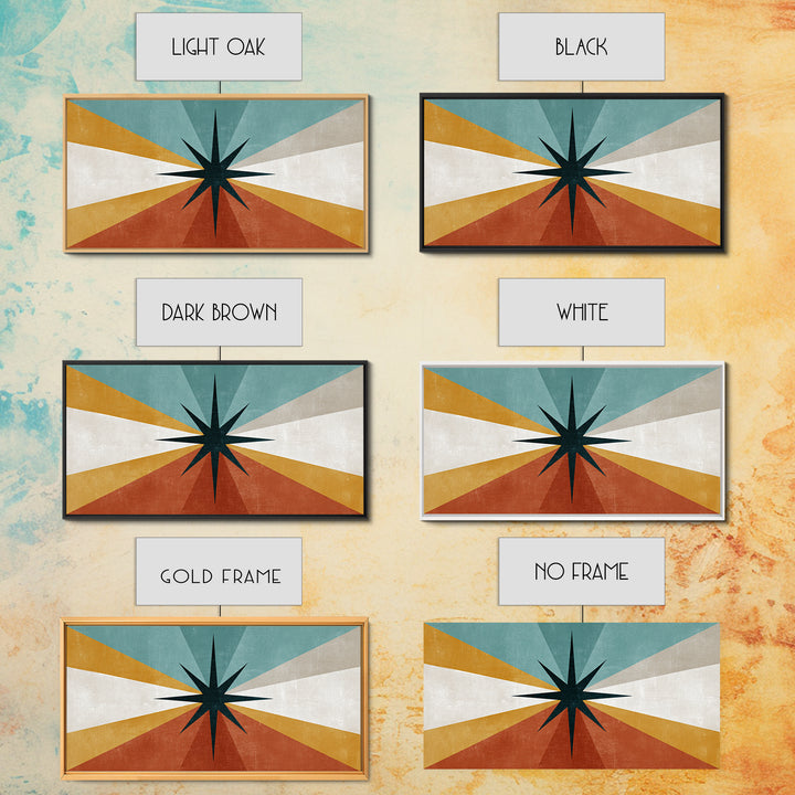 Compass Star Geometric Abstract Wall Art, Mid Century Modern Atomic Poster, Retro MCM Canvas Print, Teal Orange Wall Decor