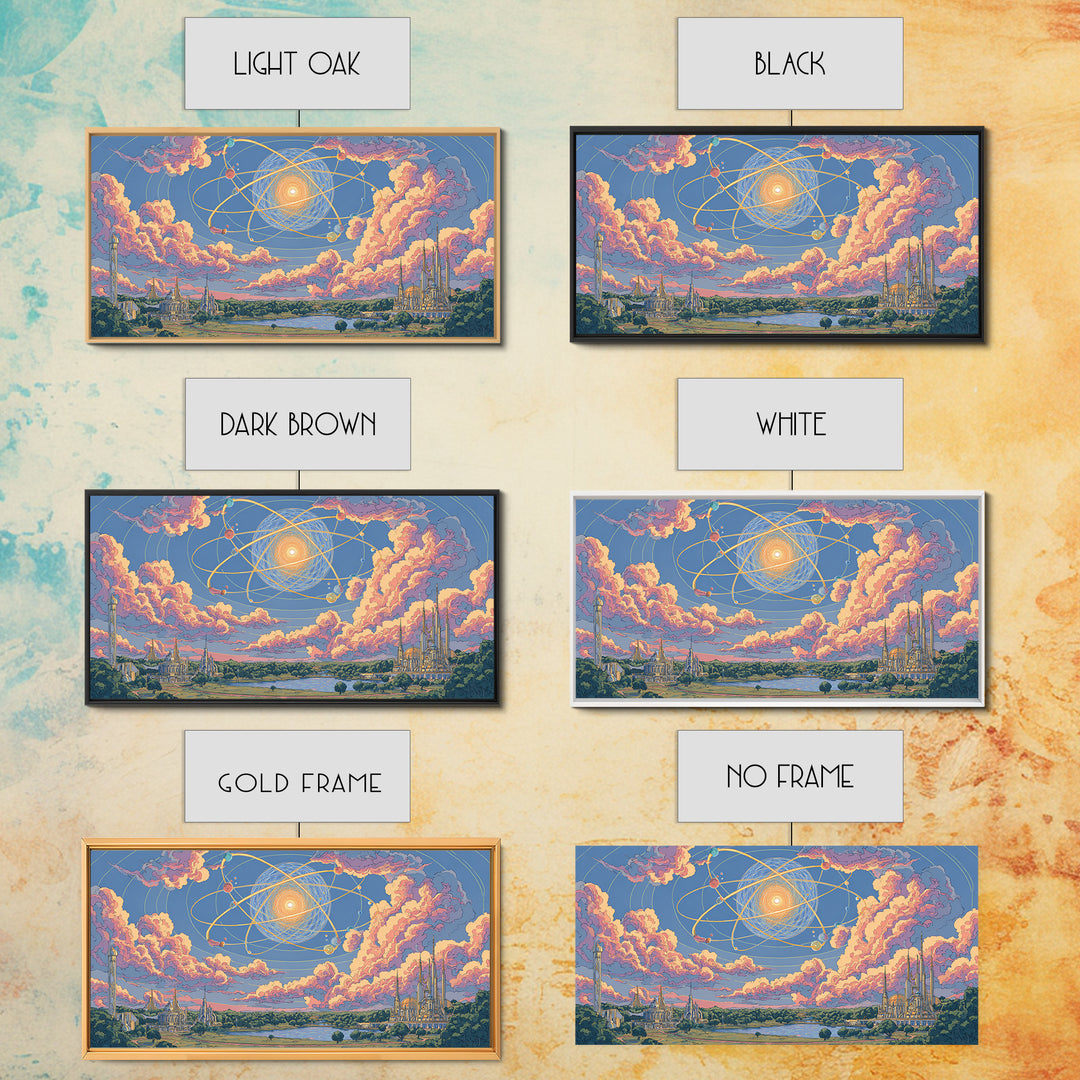 Pastel Atomic Sky Over River And Future Cities Wall Art, Retro Modern Decor, Midcentury Art Print, Pink Blue Framed Canvas Print
