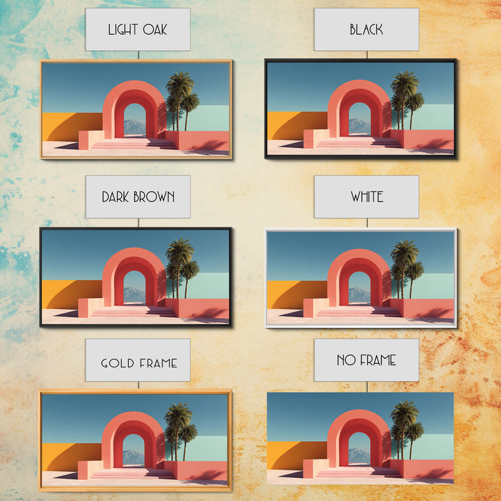Pink Desert Archway With Palms And Mountain View Wall Art, Midcentury Modern Palm Springs Decor, Retro Landscape Print Poster