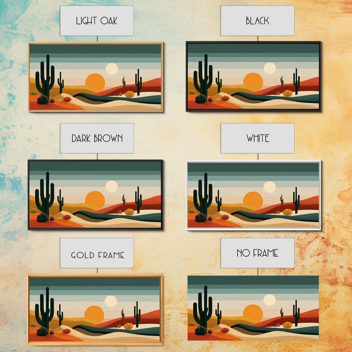 Modern Cactus Dunes Canvas Print, Midcentury Desert Wall Art, Southwestern Landscape Poster, Orange Sun Home Office Decor