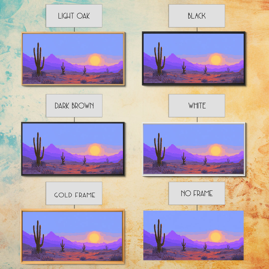 Purple Desert Mountains Canvas Print, Retro Cactus Sunset Wall Art, Midcentury Modern Landscape Poster, Colorful Home Decor