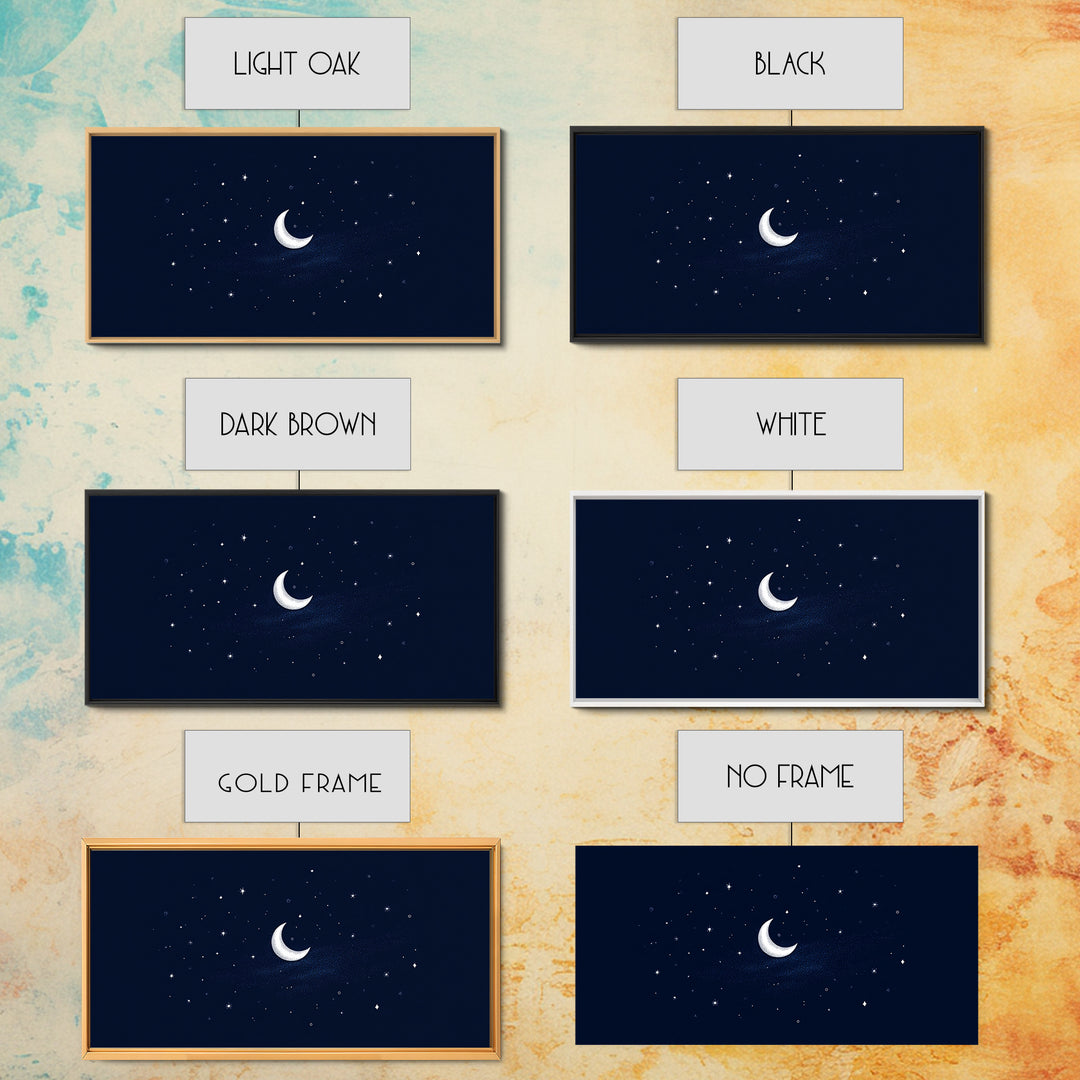 White Crescent Moon And Stars Wall Art, Dreamy Navy Celestial Night Sky Print, Minimalist Space Decor For Bedroom Or Nursery