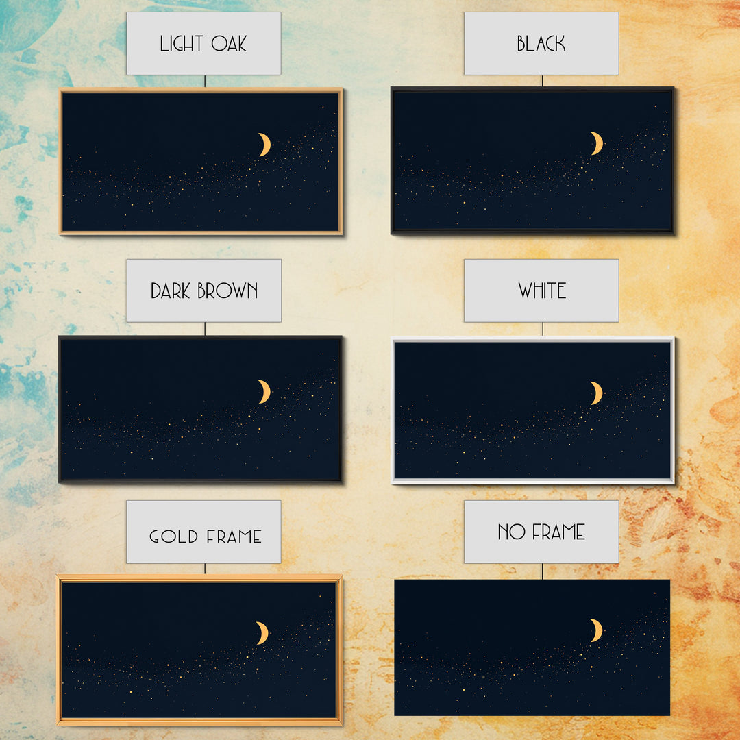 Golden Crescent Moon And Stars Wall Art, Mystical Dark Navy Celestial Print, Boho Night Sky Decor For Bedroom, Nursery, Gallery