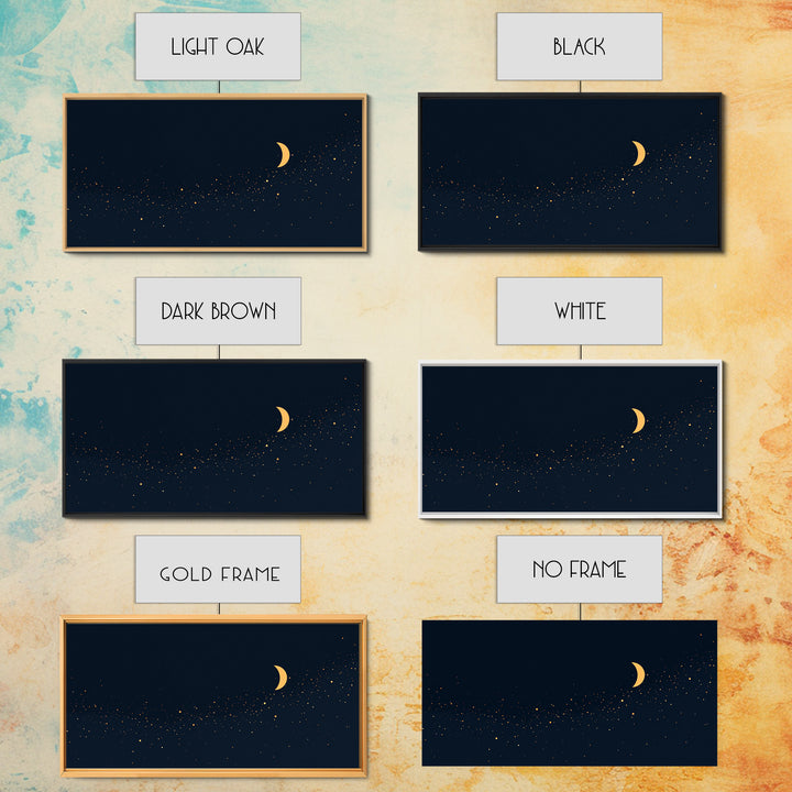 Golden Crescent Moon And Stars Wall Art, Mystical Dark Navy Celestial Print, Boho Night Sky Decor For Bedroom, Nursery, Gallery