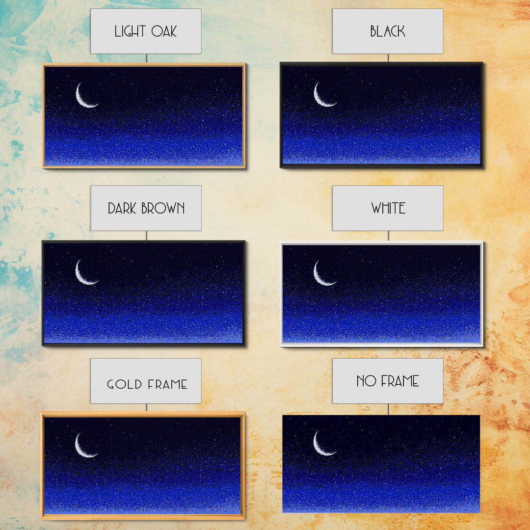 Blue Crescent Moon Star Field Wall Art, Cosmic Night Sky Print, Retro Pixel Space Decor For Bedroom, Dorm Room, Or Nursery