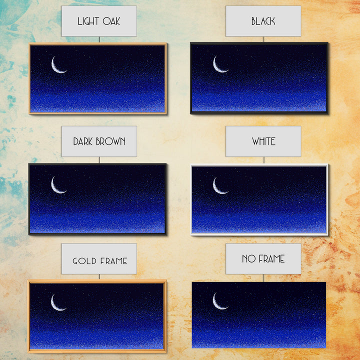 Blue Crescent Moon Star Field Wall Art, Cosmic Night Sky Print, Retro Pixel Space Decor For Bedroom, Dorm Room, Or Nursery